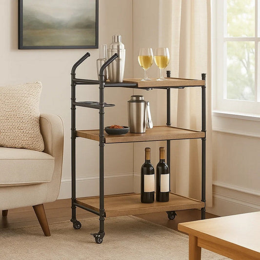 Vida 38 Inch Serving Bar Cart, Pipe Frame, Locking Casters, Brown, Black