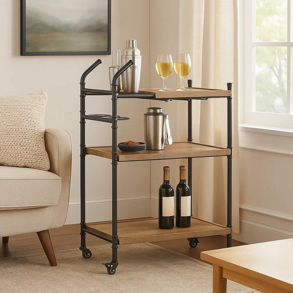 Vida 38 Inch Serving Bar Cart, Pipe Frame, Locking Casters, Brown, Black