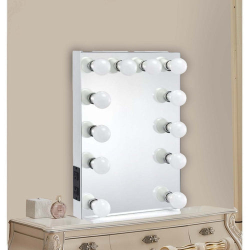 24 Inch Modern Lighted Mirror, 2 Power Outlets, 12 Bulb Sockets, White