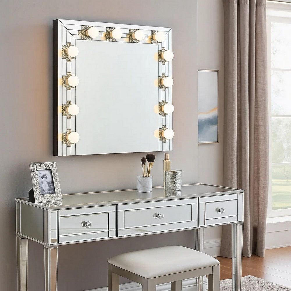 Zaff 32 Inch Modern Glam Lighted Mirror, 12 Sockets, Faux Diamonds, Silver
