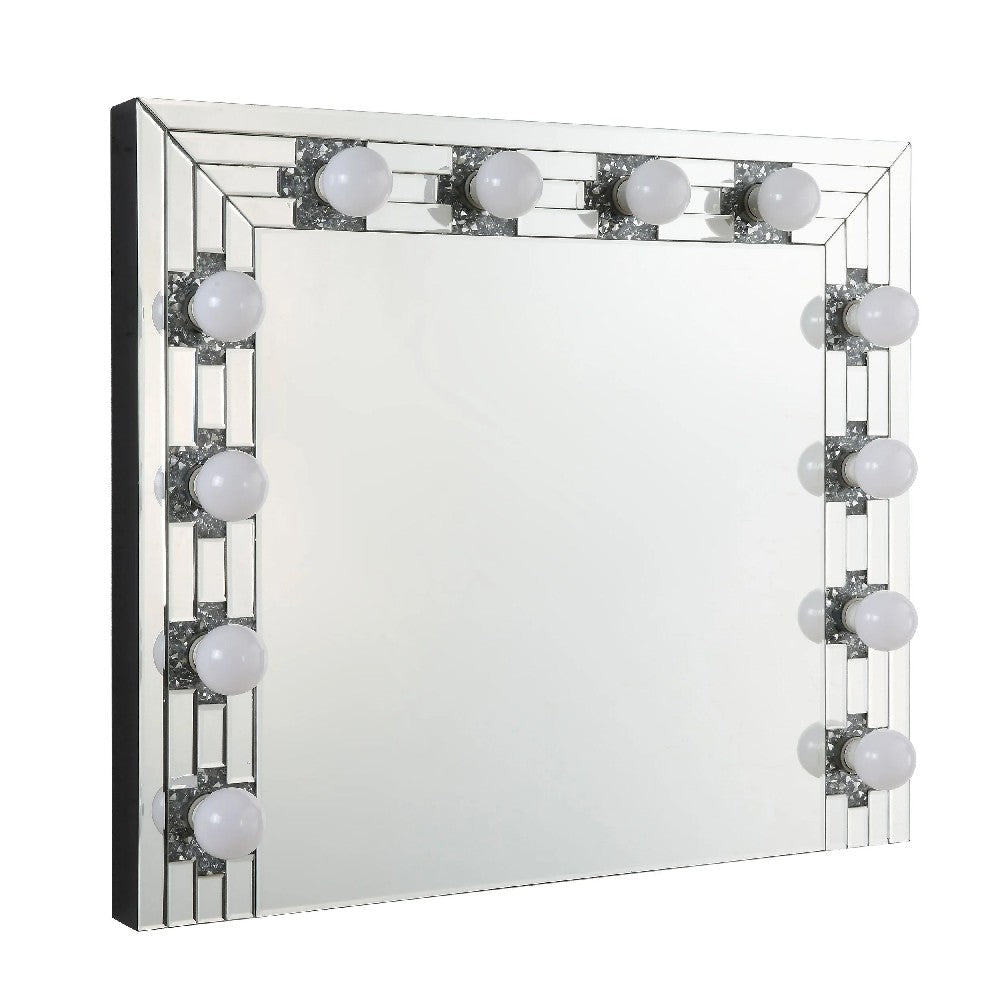 Zaff 32 Inch Modern Glam Lighted Mirror, 12 Sockets, Faux Diamonds, Silver