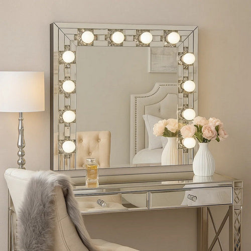 Zaff 32 Inch Modern Glam Lighted Mirror, 12 Sockets, Faux Diamonds, Silver