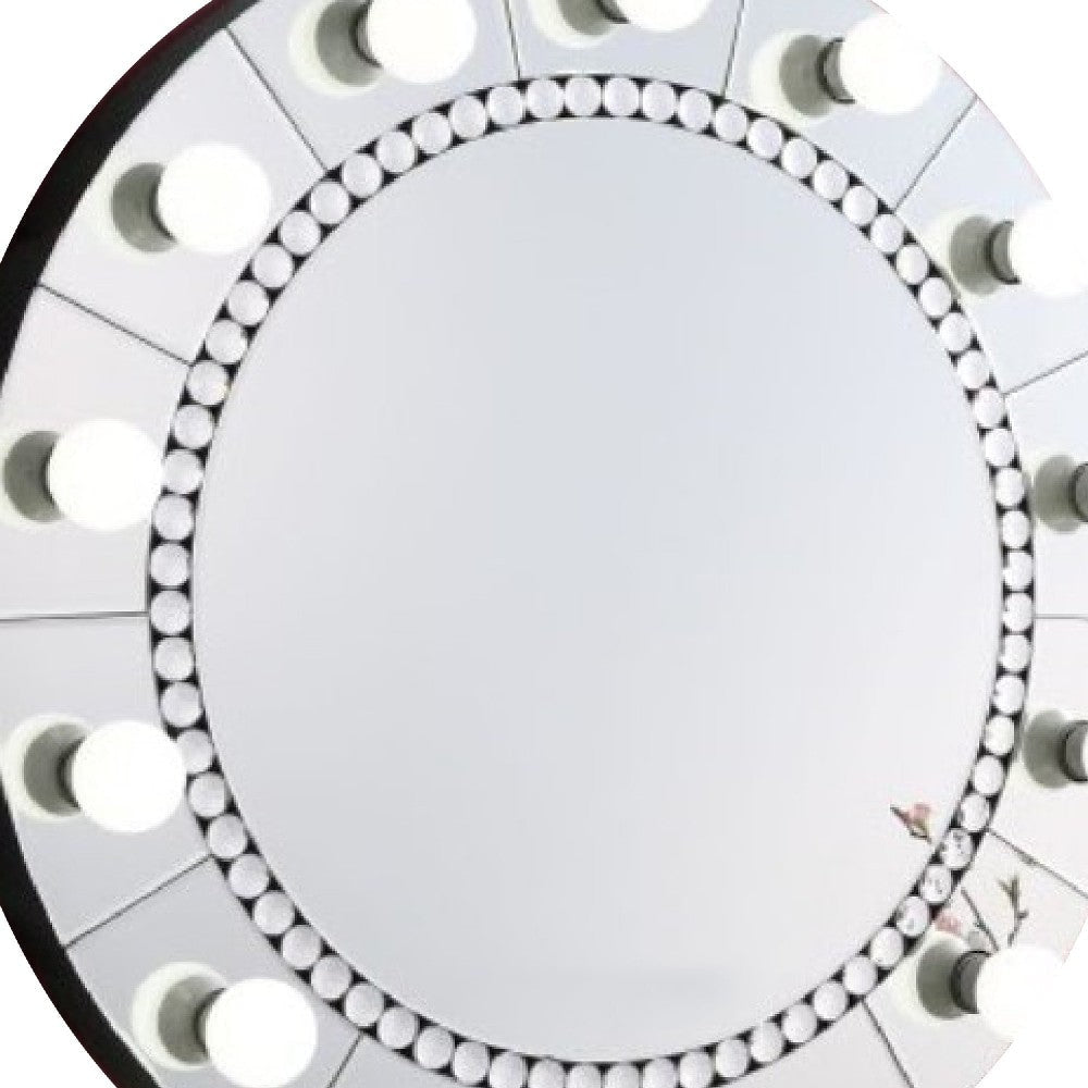 Rose 32 Inch Round Lighted Mirror 11 Bulb Sockets Faux Diamonds Silver BM274652