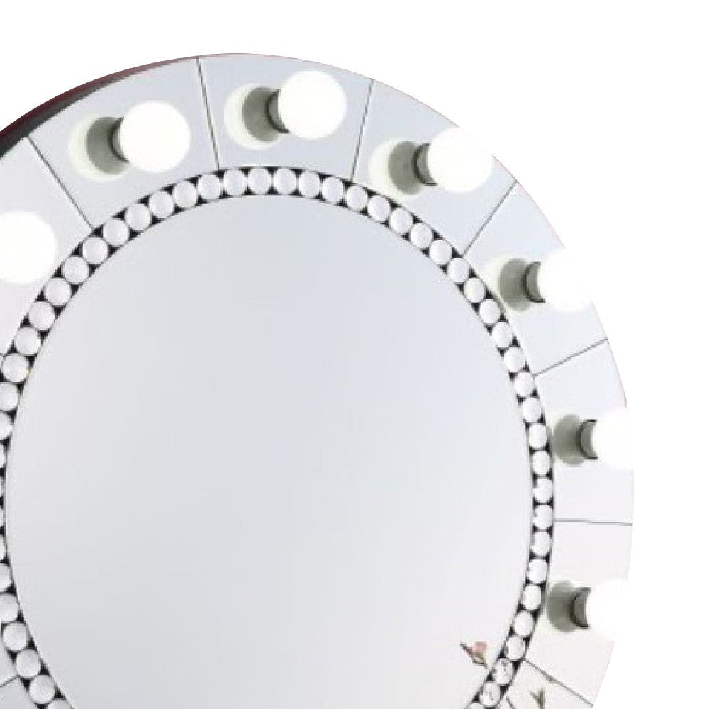 Rose 32 Inch Round Lighted Mirror 11 Bulb Sockets Faux Diamonds Silver BM274652