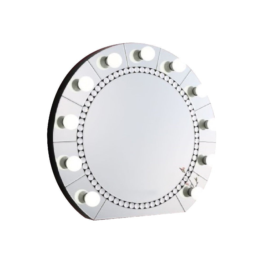 Rose 32 Inch Round Lighted Mirror, 11 Bulb Sockets, Faux Diamonds, Silver