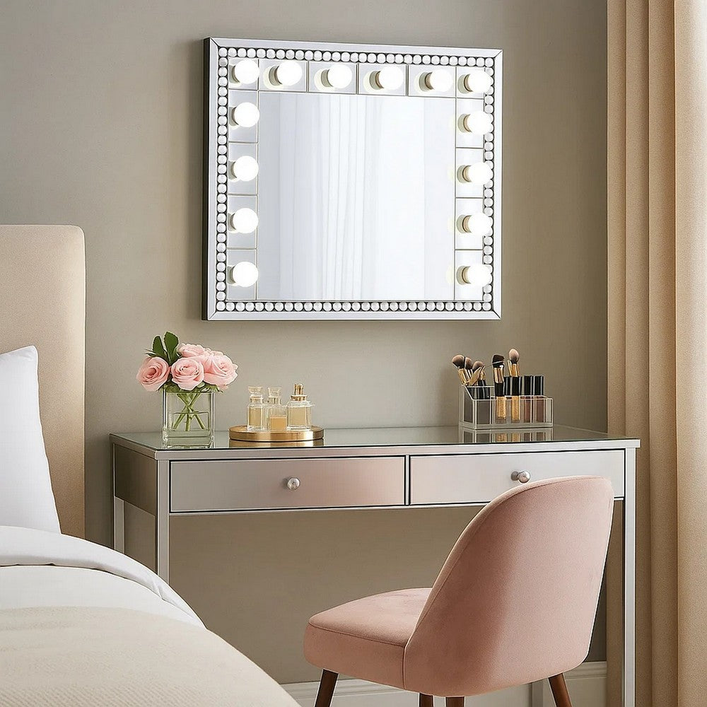 Rose 32 Inch Vanity Lighted Wall Mirror, 11 Bulbs, Faux Diamond, Silver