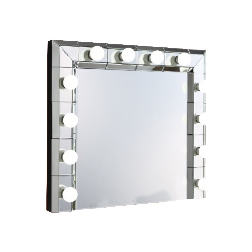 32 Inch Square Lighted Wall Mirror, 12 Bulb Sockets, Mirrored Frame, Silver