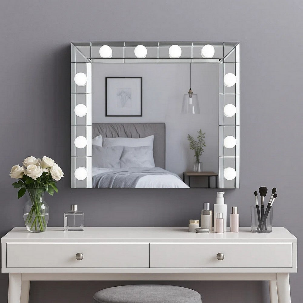 32 Inch Square Lighted Wall Mirror, 12 Bulb Sockets, Mirrored Frame, Silver