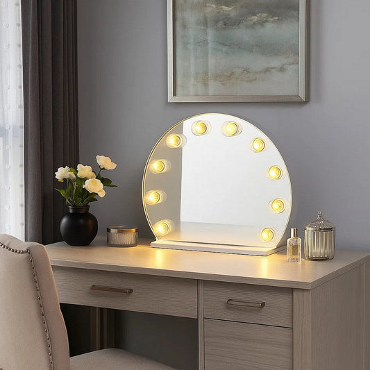 18 Inch Modern Round Accent Mirror, 10 Bulb Sockets, Glass Panel, Silver