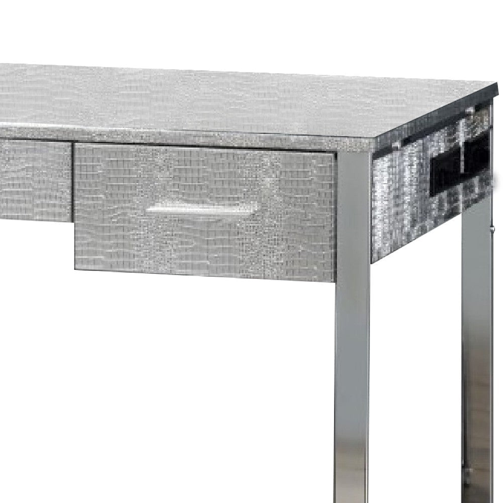 San 50 Inch Textured Vanity Desk with Round Mirror Metal Sled Base Chrome BM274659