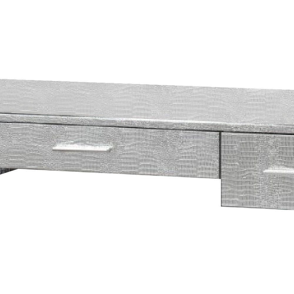 San 50 Inch Textured Vanity Desk with Round Mirror Metal Sled Base Chrome BM274659