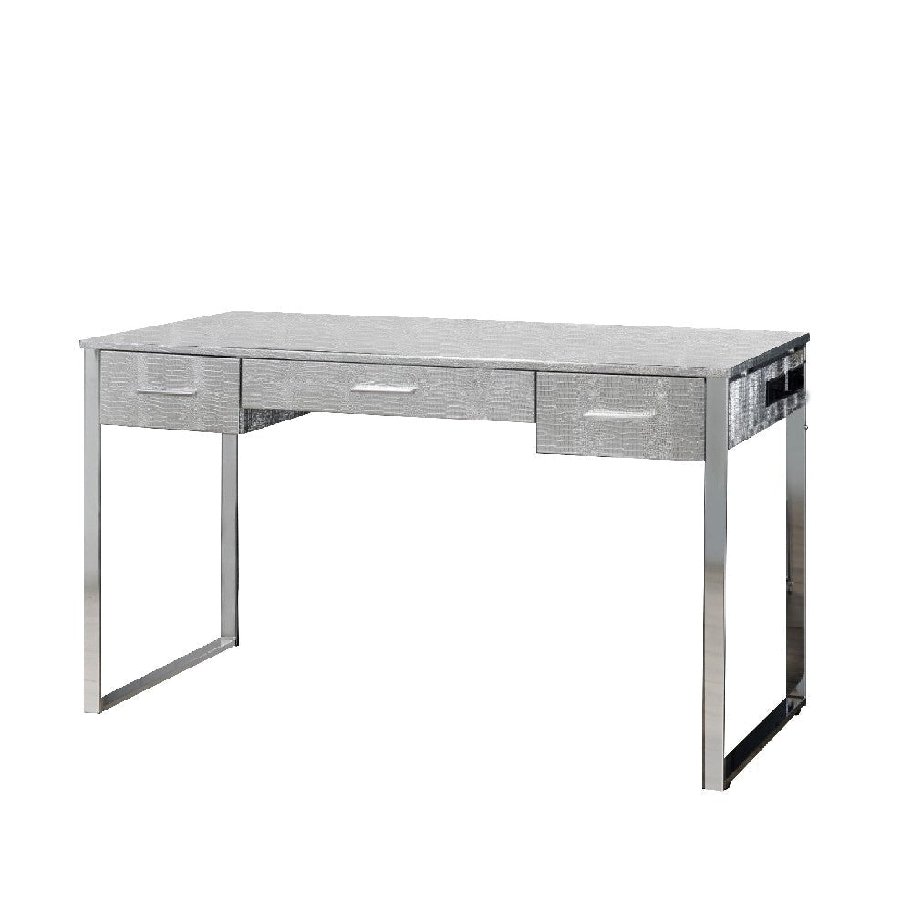 San 50 Inch Textured Vanity Desk with Round Mirror, Metal Sled Base, Chrome