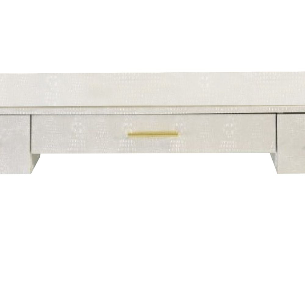 San 50 Inch Textured Vanity Desk with Round Mirror Gold Sled Base White BM274660