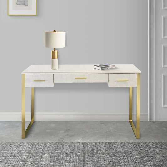 San 50 Inch Textured Vanity Desk with Round Mirror, Gold Sled Base, White