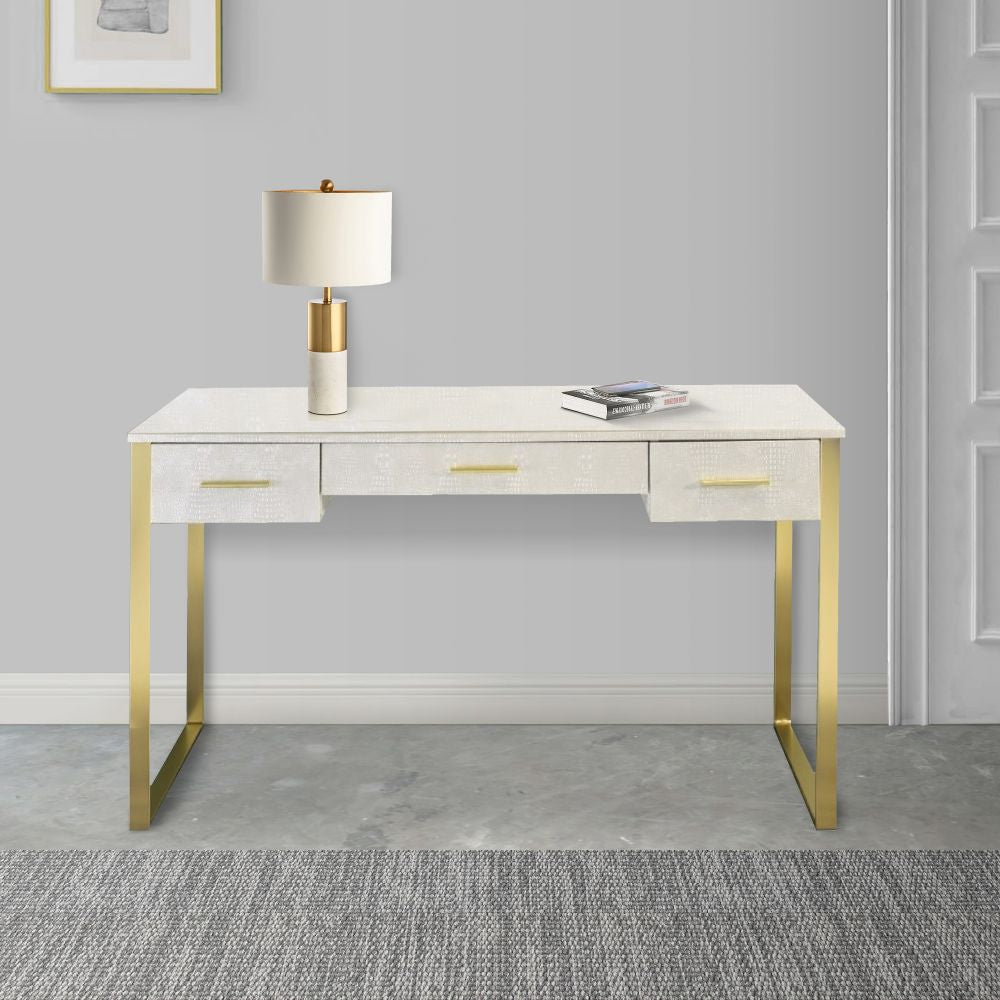 San 50 Inch Textured Vanity Desk with Round Mirror, Gold Sled Base, White