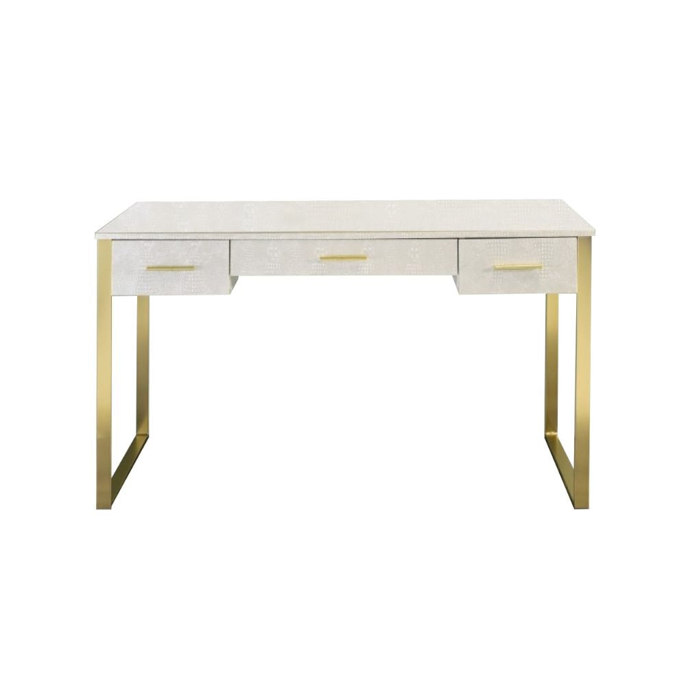 San 50 Inch Textured Vanity Desk with Round Mirror, Gold Sled Base, White