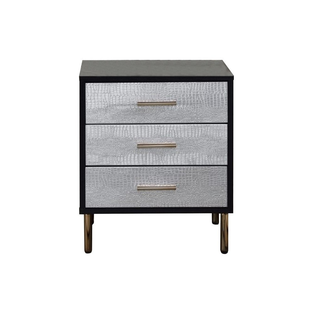 San 19 Inch Glamorous Style Nightstand 3 Drawers Black Silver Gold By Casagear Home BM274661