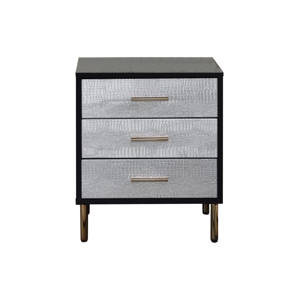 San 19 Inch Glamorous Style Nightstand, 3 Drawers, Black, Silver, Gold By Casagear Home