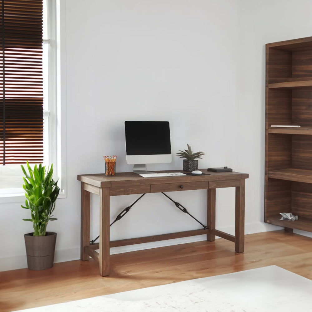 Writing Desk | 60" | Solid Wood | Metal Cross Bracers | Brown
