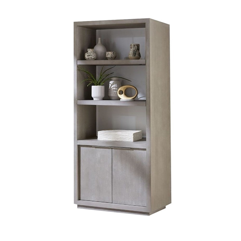 Jose 74 Inch Solid Wood Book Shelving Unit, 2 Cabinets, Plinth, Light Gray
