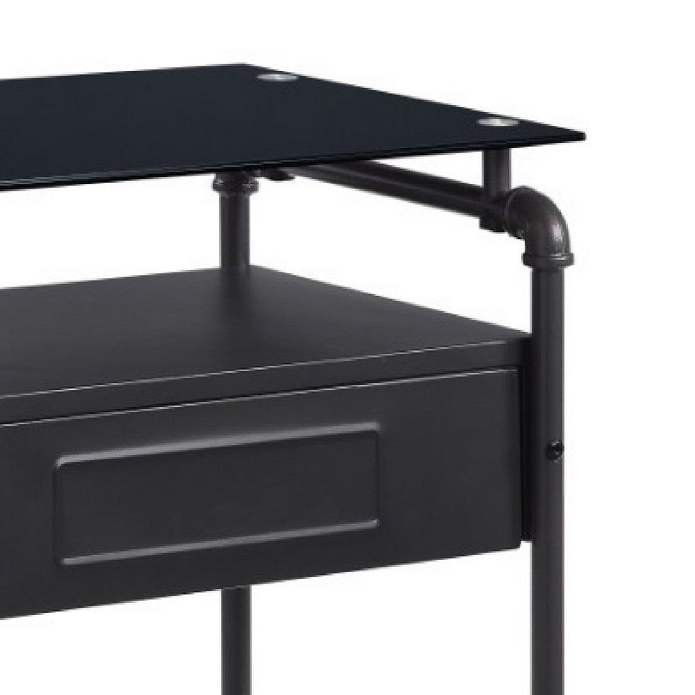 23 Inch Metal Nightstand Side Table, Tempered Glass, Industrial, Dark Gray