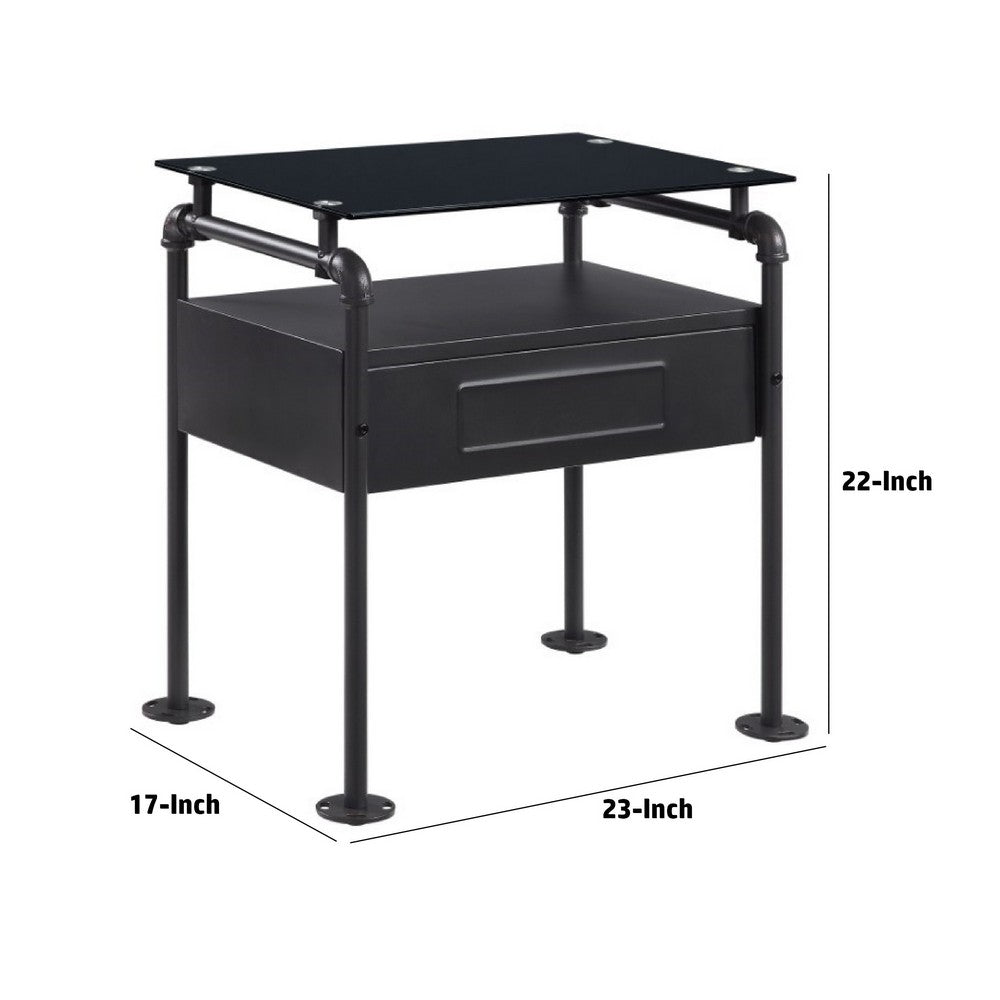 23 Inch Metal Nightstand Side Table, Tempered Glass, Industrial, Dark Gray