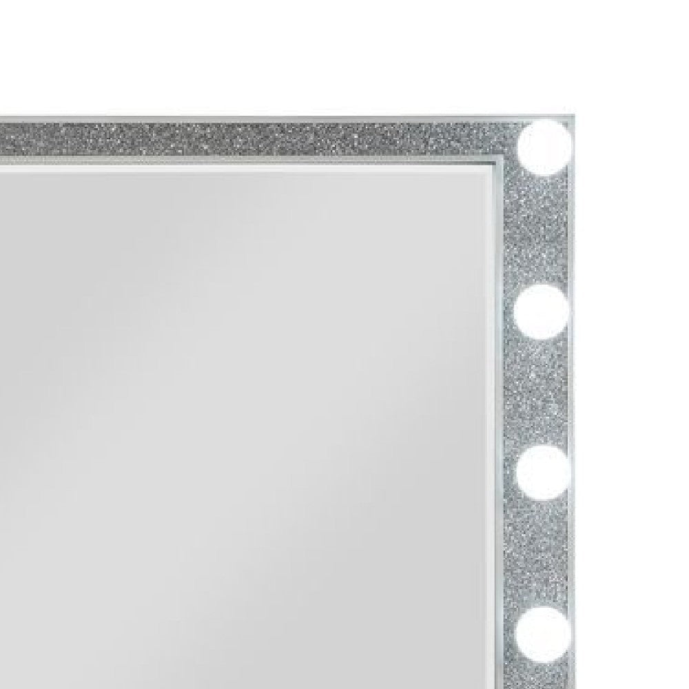41 Inch Wall Mirror Faux Crystals Inlay 8 Bulb Sockets Silver BM275048