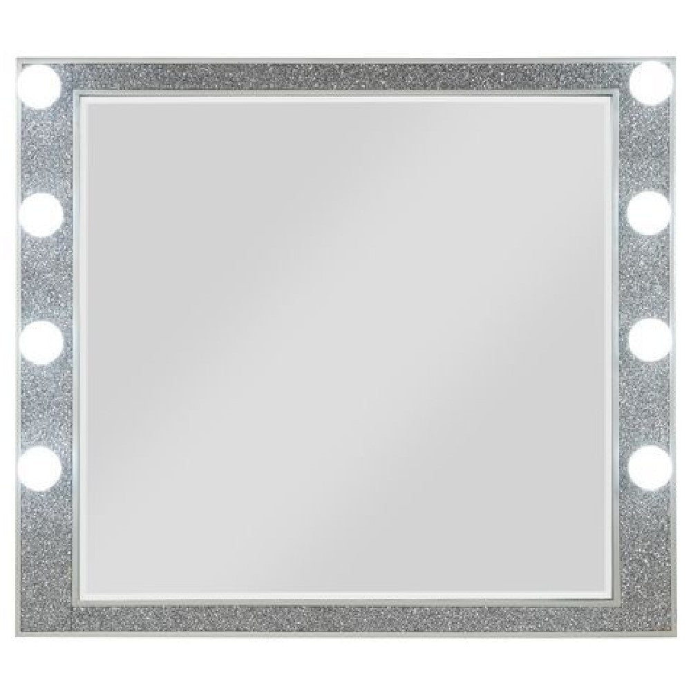 41 Inch Wall Mirror, Faux Crystals Inlay, 8 Bulb Sockets, Silver
