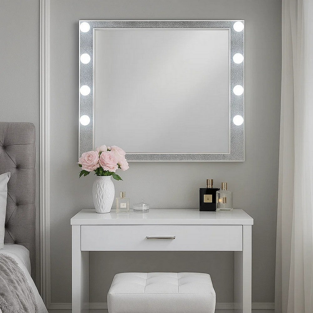 41 Inch Wall Mirror, Faux Crystals Inlay, 8 Bulb Sockets, Silver