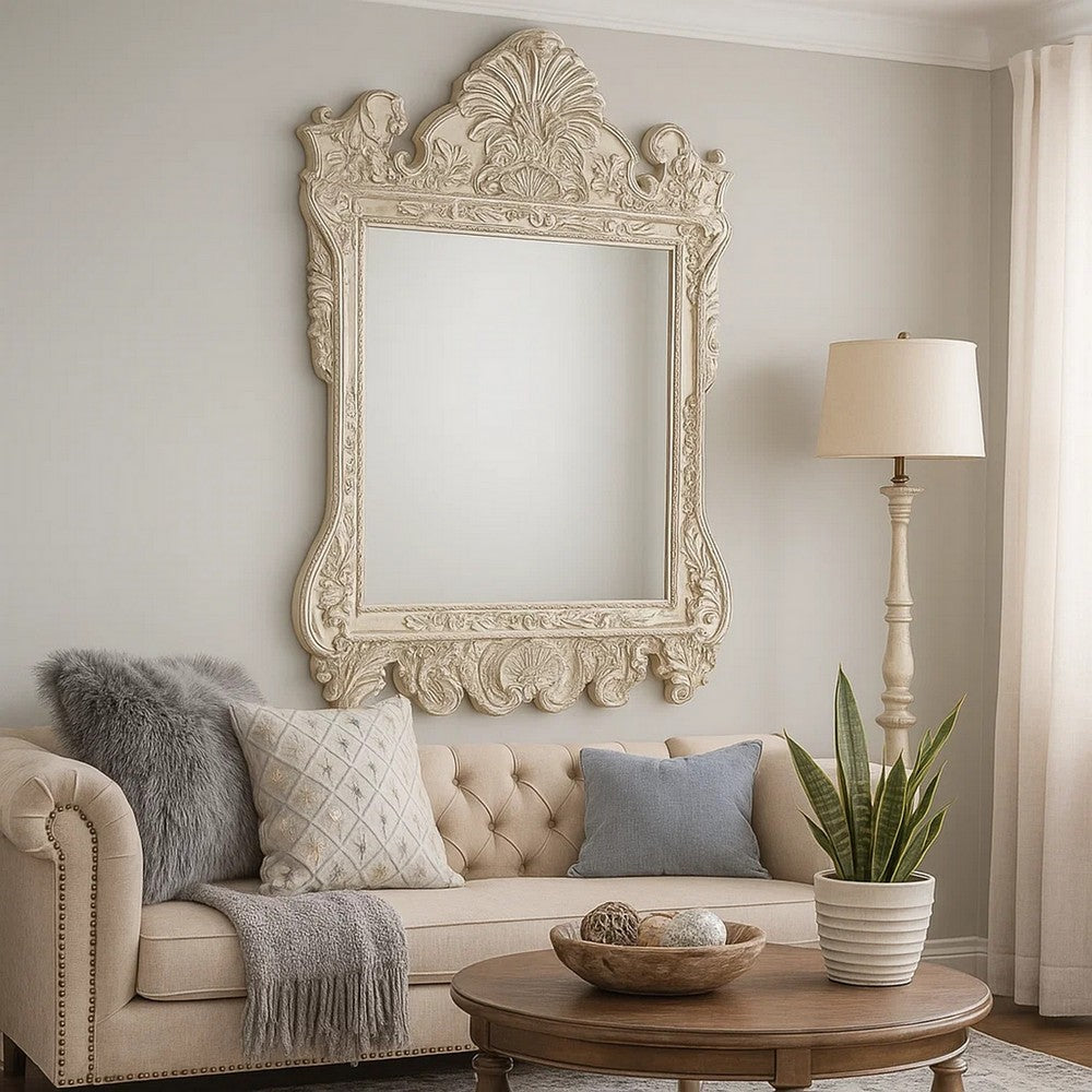 61 Inch Wall Mirror, Oversized Floral Carving, Champagne Silver
