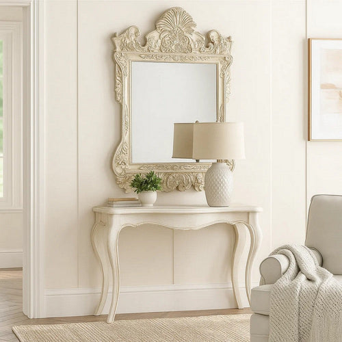 61 Inch Wall Mirror, Oversized Floral Carving, Champagne Silver