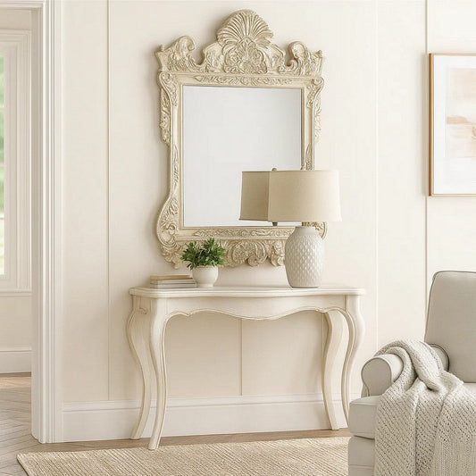 61 Inch Wall Mirror, Oversized Floral Carving, Champagne Silver