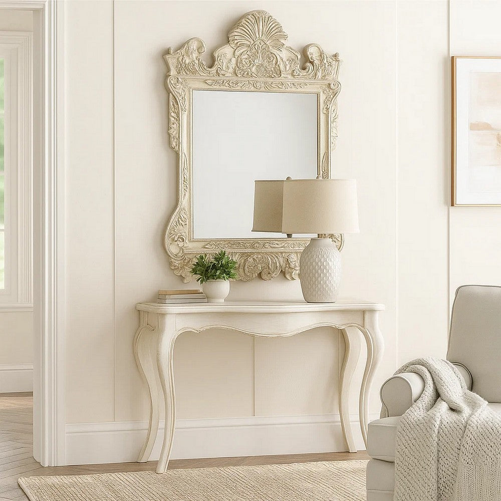 61 Inch Wall Mirror, Oversized Floral Carving, Champagne Silver