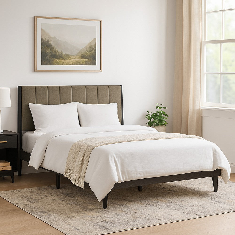85 Inch Wood Queen Platform Bed, Channel Tufting, Taupe Brown Fabric