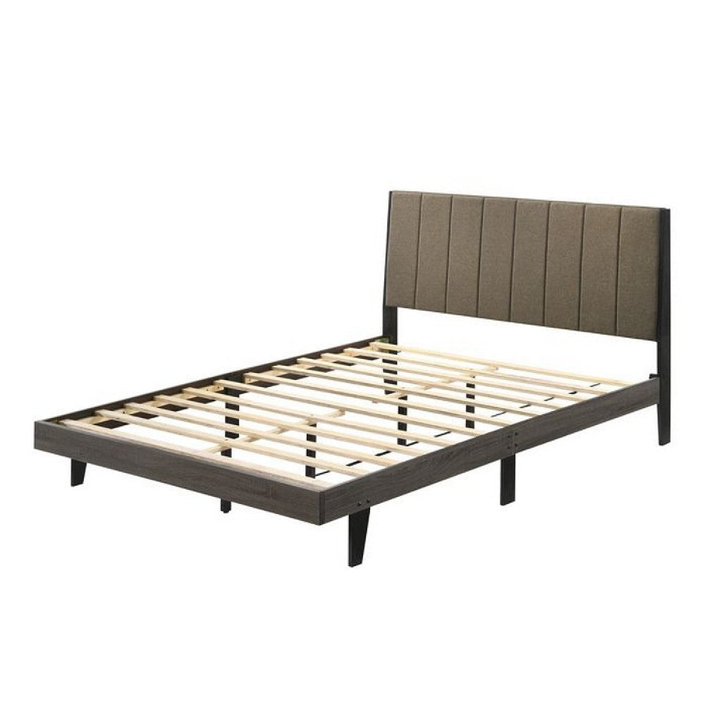85 Inch Wood Queen Platform Bed, Channel Tufting, Taupe Brown Fabric