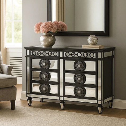 Koda 68 Inch 8 Drawer Wood Dresser, Mirror Trim, Sunburst, Black, Silver