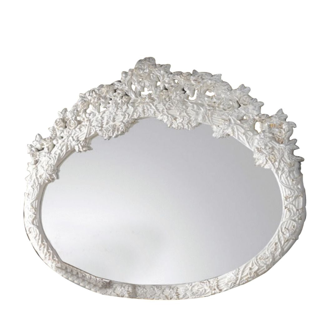 69 Inch Oval Wall Mirror, Ornate Floral Carved Wood Frame, White