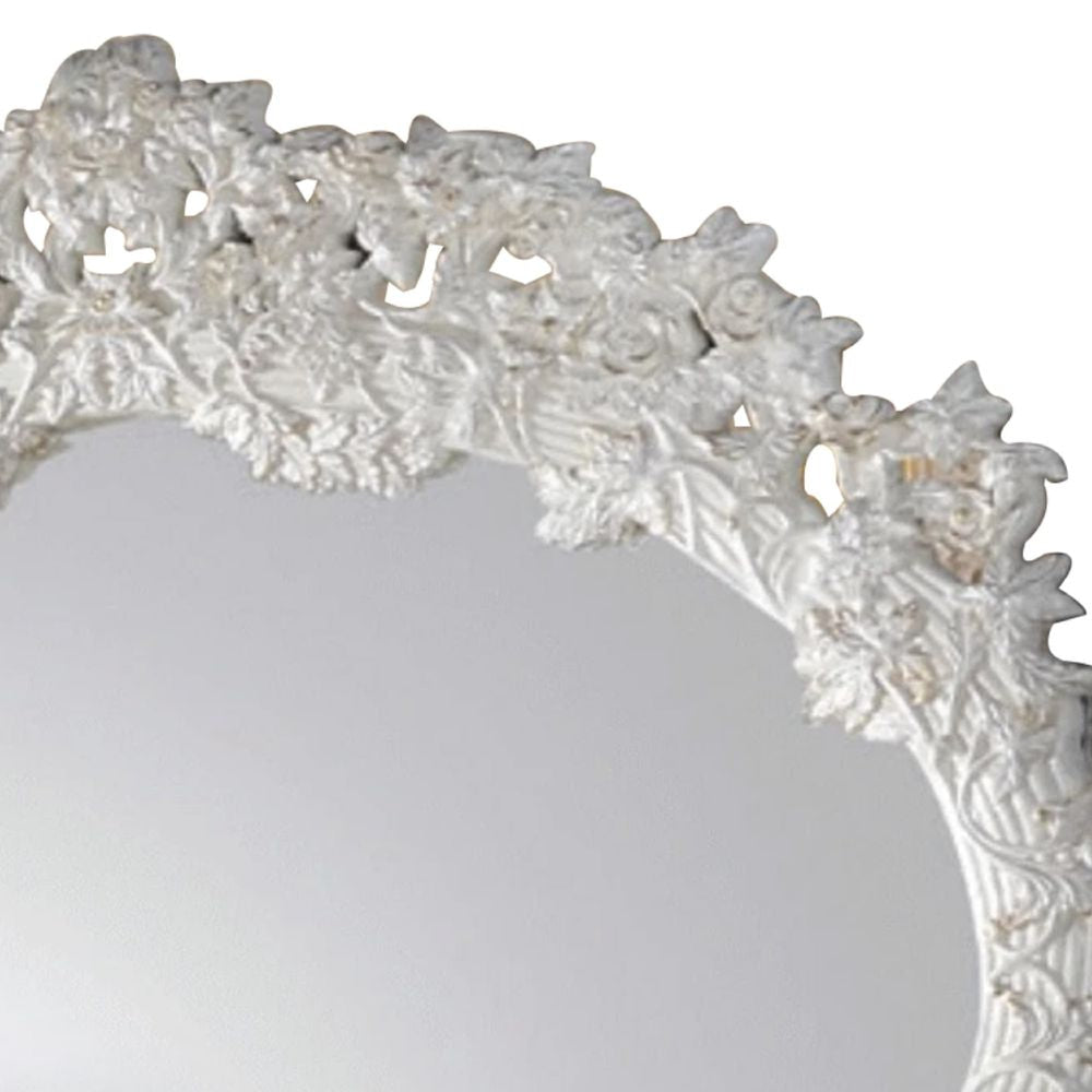 69 Inch Oval Wall Mirror Ornate Floral Carved Wood Frame White BM275061