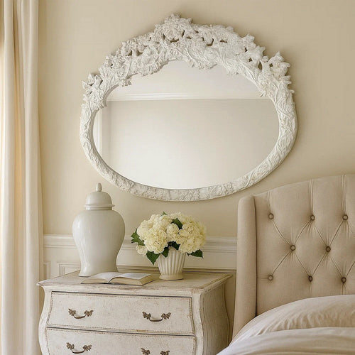 69 Inch Oval Wall Mirror, Ornate Floral Carved Wood Frame, White