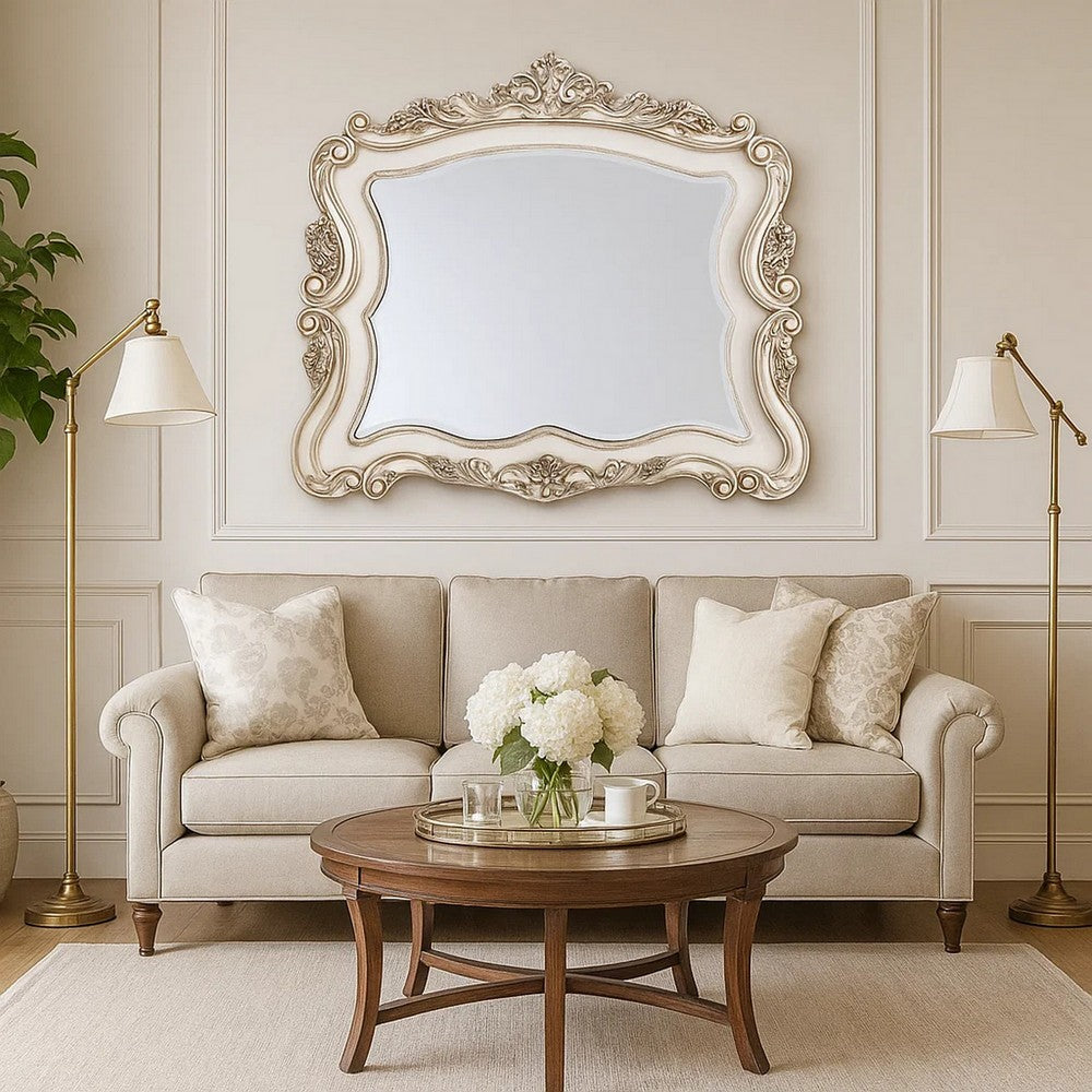 Solid Wood Mirror | 50" | Scalloped | Ornate Trim | Antique White