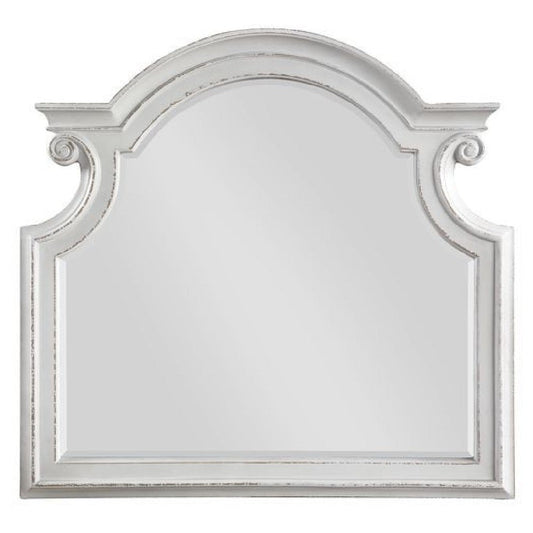 Fil 46 Inch Solid Wood Mirror, Arch Top, Scalloped, Antique White