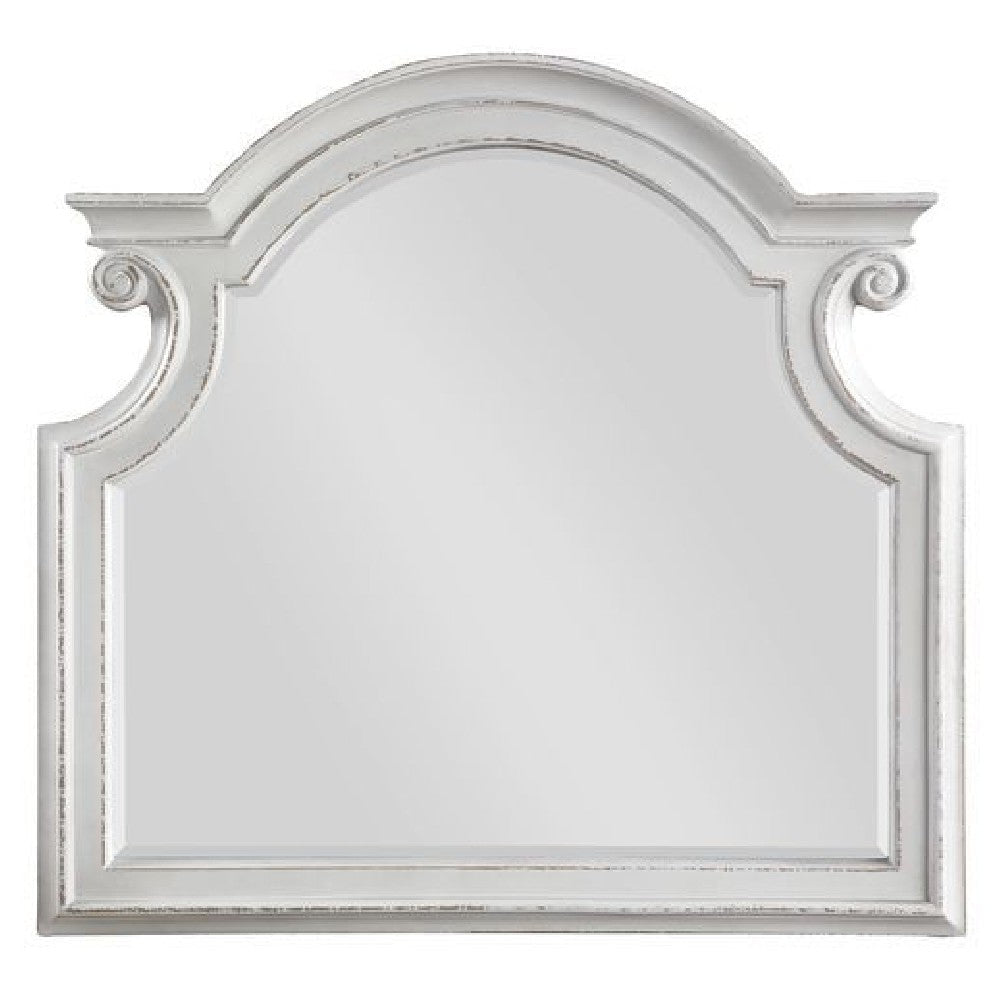 Fil 46 Inch Solid Wood Mirror, Arch Top, Scalloped, Antique White