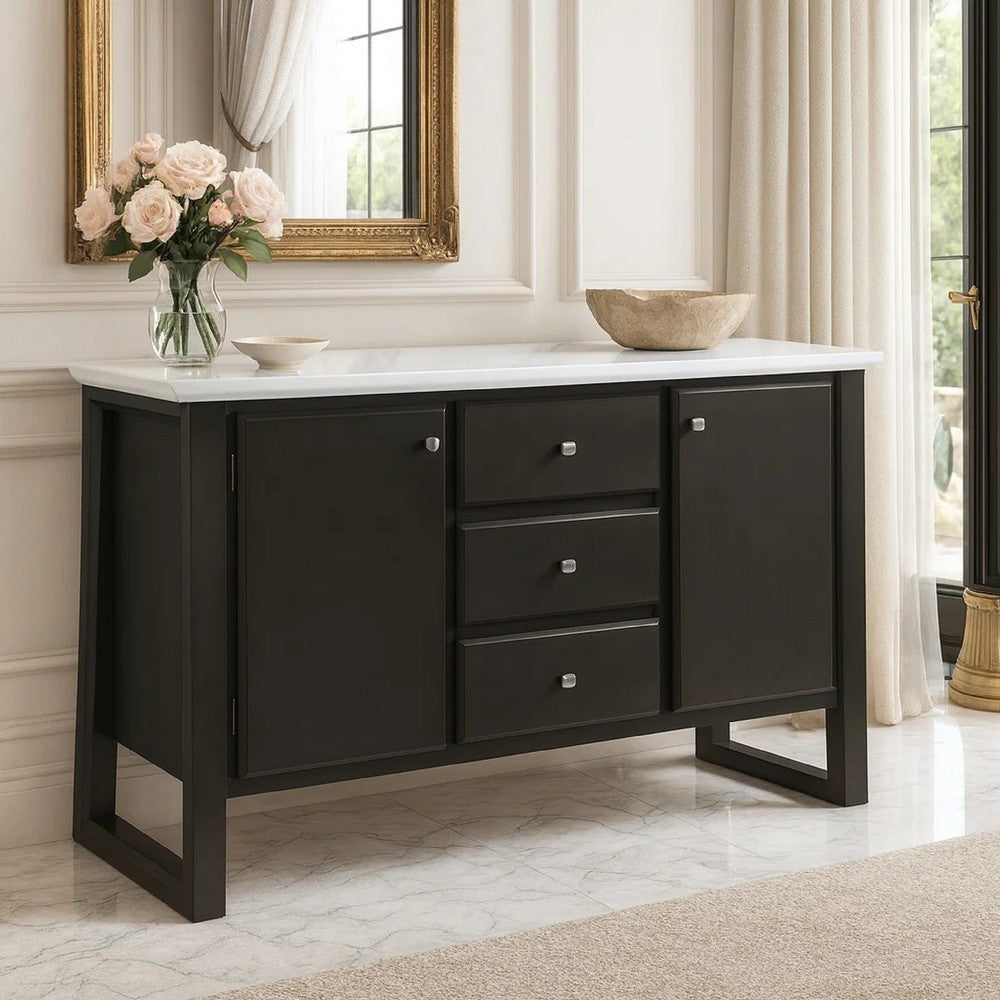 54 Inch Solid Wood Sideboard Cabinet Console, 3 Drawers, Faux Marble, Gray