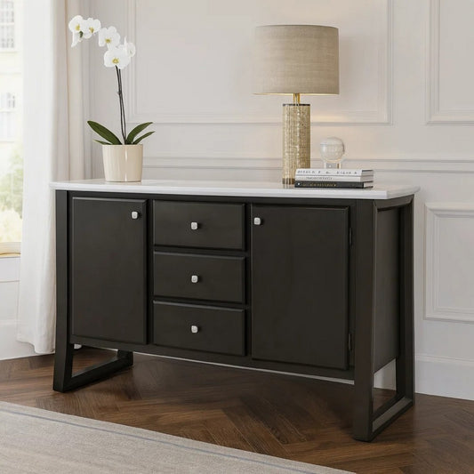 54 Inch Solid Wood Sideboard Cabinet Console, 3 Drawers, Faux Marble, Gray