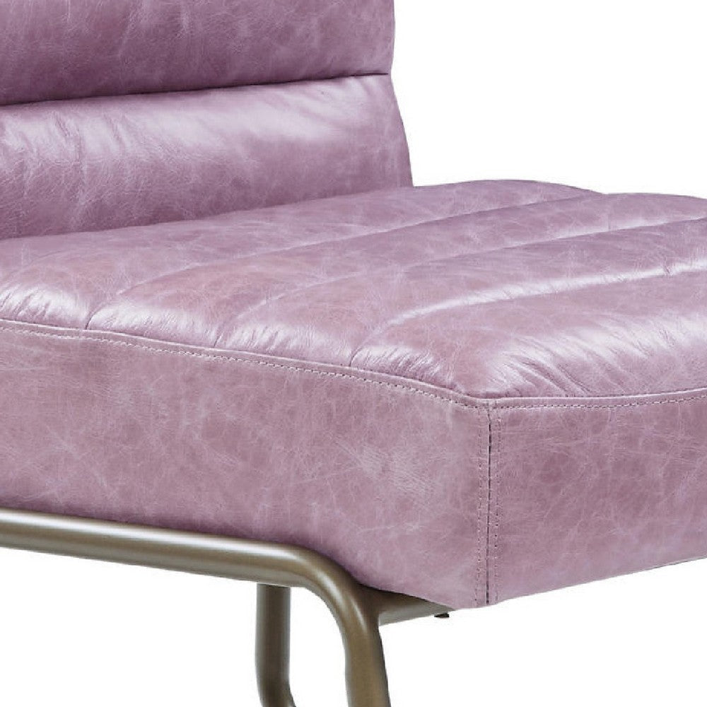 22 Inch Top Grain Leather Accent Chair Metal Frame Tufted Channel Purple BM275479