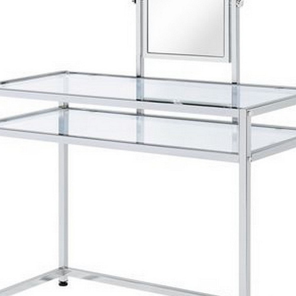 2 Piece Metal Vanity Set Tempered Glass Faux Fur Seat 1 Shelf Silver BM275480