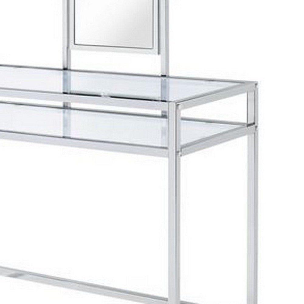 2 Piece Metal Vanity Set Tempered Glass Faux Fur Seat 1 Shelf Silver BM275480