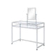 2 Piece Metal Vanity Set, Tempered Glass, Faux Fur Seat, 1 Shelf, Silver