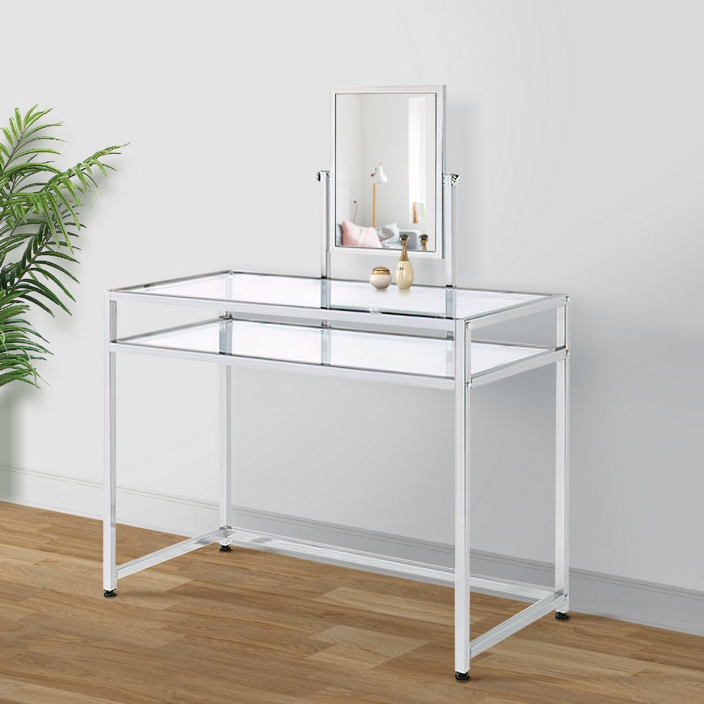 2 Piece Metal Vanity Set, Tempered Glass, Faux Fur Seat, 1 Shelf, Silver