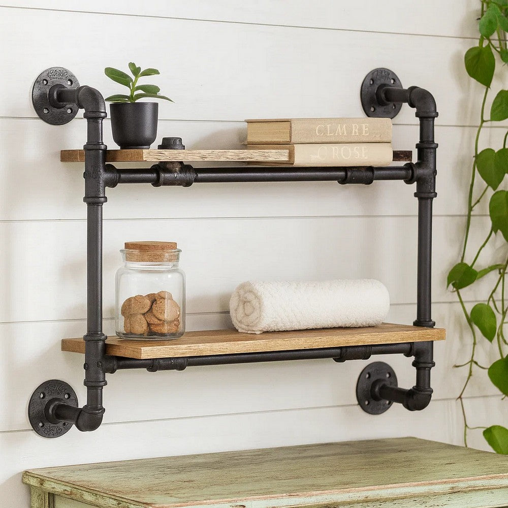Ley 18 Inch Wood Wall Mount Double Shelf, Metal Pipe Design, Brown, Black